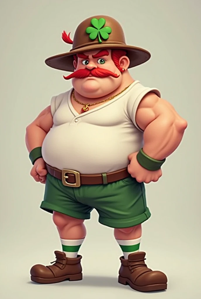 long-eared elf, very fat, male gender, immense, giant, muscular, head proportional to the body, tongue out, prominent belly, dominant, shorts