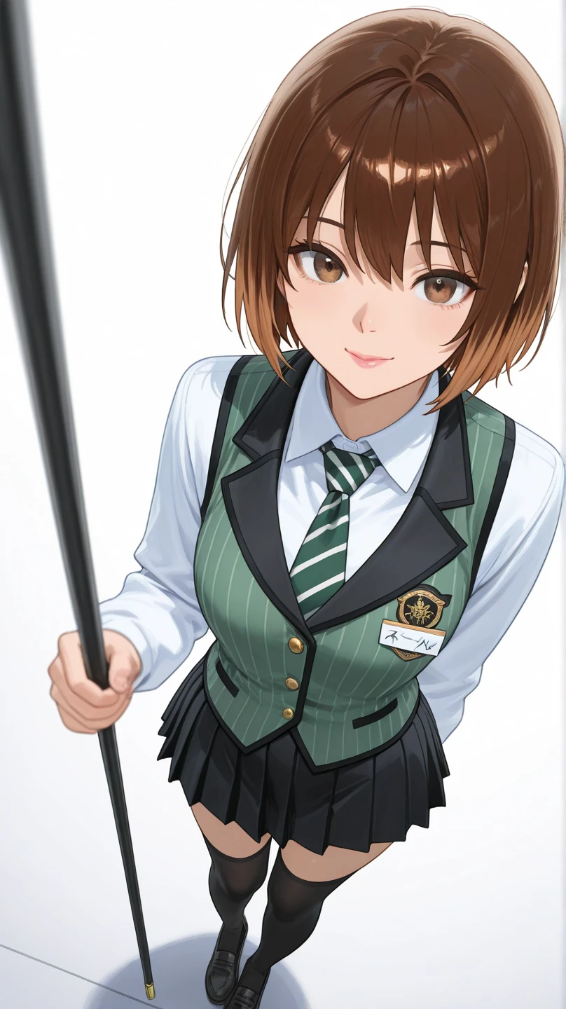 (extremely detailed CG unity 8k wallpaper), (masterpiece), (best quality), (ultra-detailed), (best illustration), (best shadow), (absurdres), 1girl, solo, <lora:nene:0.8>, nene todoroki, school uniform, plaid skirt, jacket, looking at viewer, classroom, smile, holding, cucumber