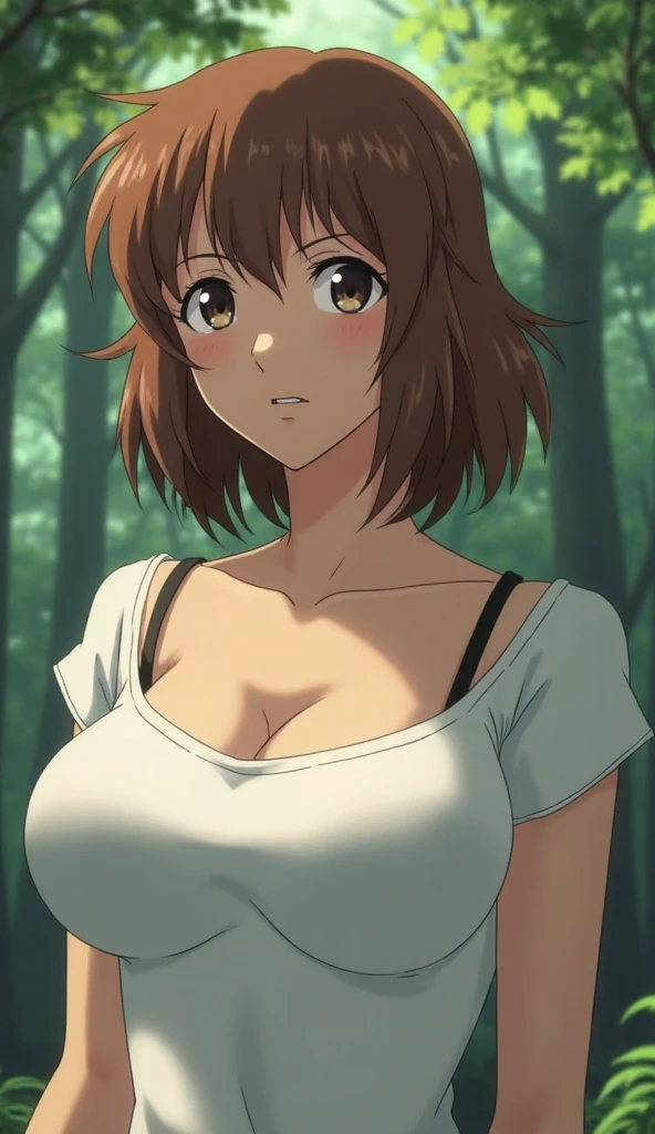 best quality, masterpiece, highres, solo, {shinoda_hajime_newgame:1.15}, brown_hair, short_hair, green_eyes, blush, collarbone, serious, big_forehead, 1girl, anime_coloring, closed_mouth, hair_between_eyes, bangs, looking_at_viewer, blurry, outdoors, middle body