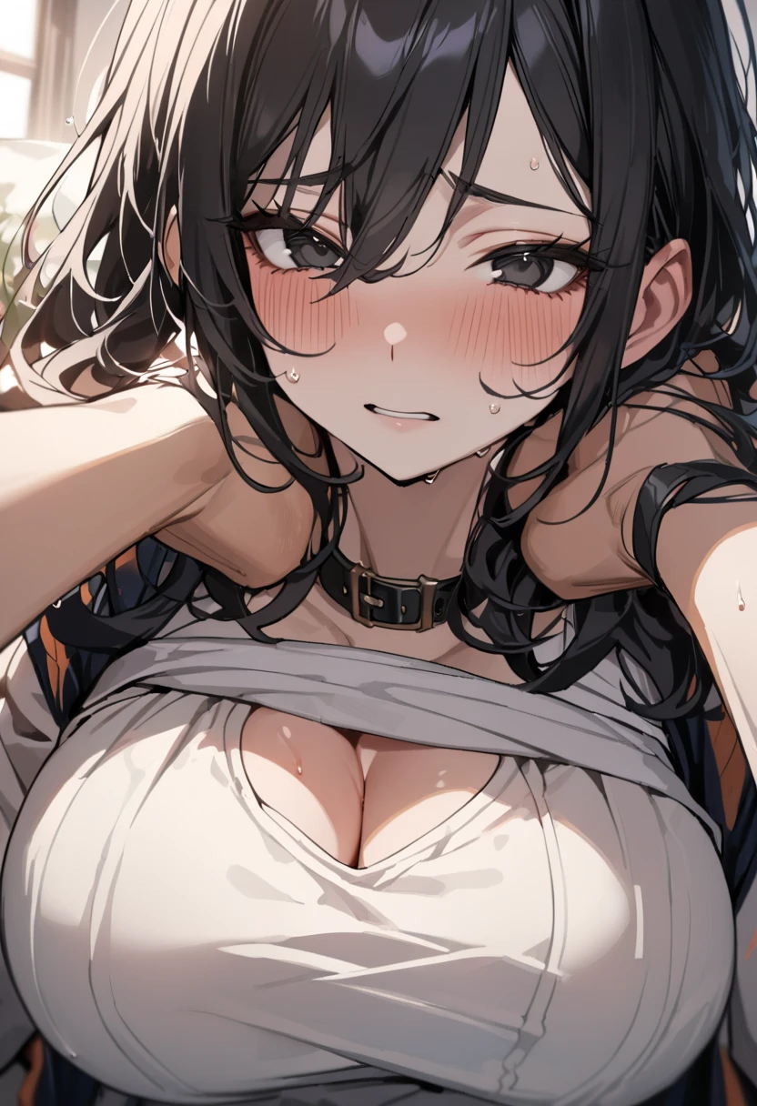 (hews art style:0.7), (hero neisan art style:0.7), score_9, score_8_up, score_7_up, score_6_up, score_5_up, score_4_up, uncensored, KJOcattleya, black hair, purple eyes, long hair, parted bangs, BREAK (masterpiece:1.2), best quality, high resolution, (detailed eyes:1.3), perfect lighting, (perfect hands, perfect anatomy), large breasts, standing, virgin_destroyer_sweater, heart hands, embarrassed, clenched teeth,