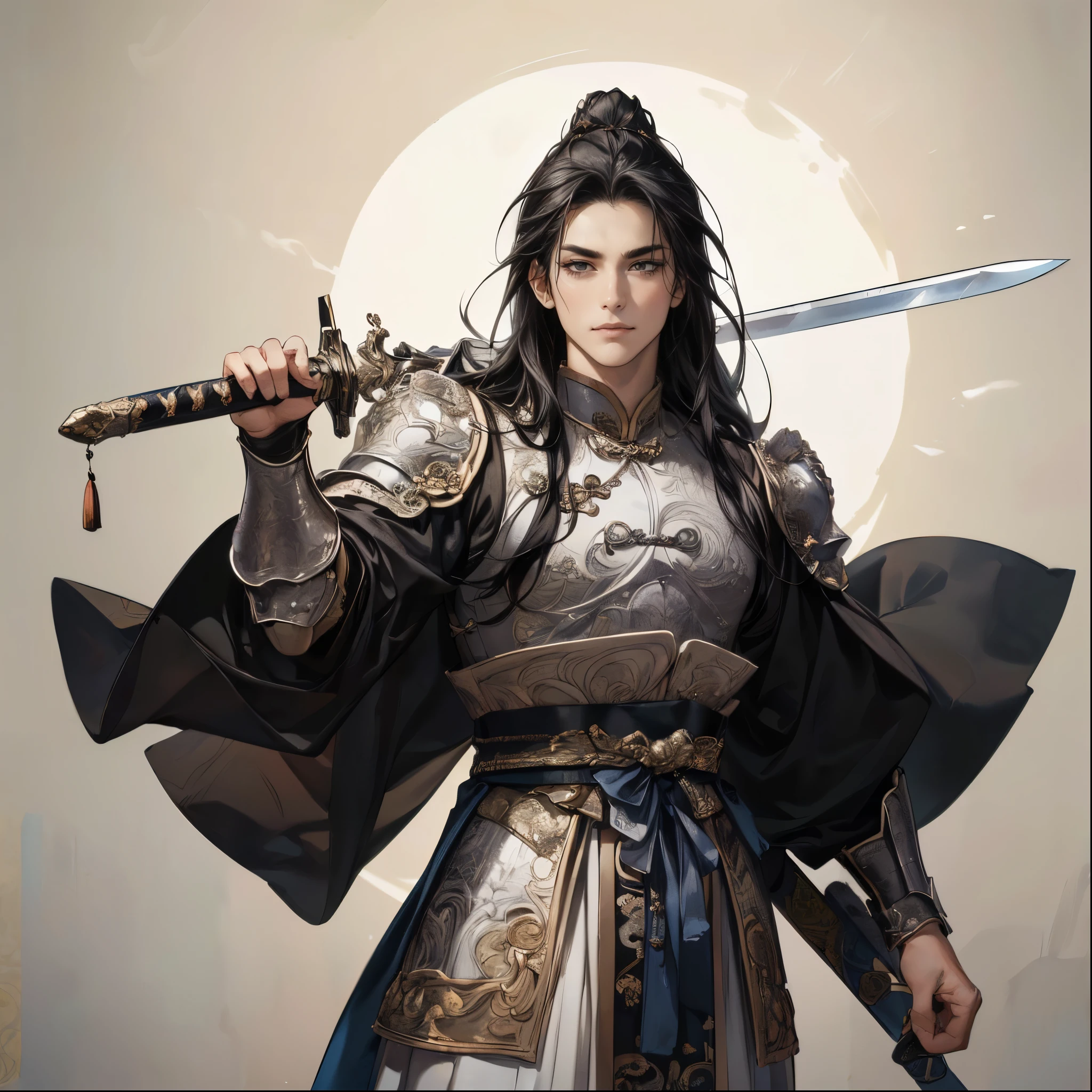 (Best Quality,4K,8k,high resolution,masterpiece:1.2,Oil Painting Honoring Heroes:1.3),super detailed,(super fine illustration),(((An ancient Chinese man in armor holding a long sword))),Age 30,Heroes of the Three Kingdoms,handsome man:1.3,tall,Xiaoyan,Perfectly symmetrical face,Extremely Sexy Man ,detailed eyes:1.3, perfect eyes,The gaze is directed at the viewer:1.2,(( Attractive Dark Eyes :1.3)),((( long black hair perfectly set:1.3))),((fresh smile:1.2,Thin eyebrows,well-trained body:1.3,succulent)),cinematic lighting, soft shadows,((Ancient Chinese silver armor with engravings leading up to detailed works of art:1.3,large black cloak with gold embroidery made with 1 sheet of cloth:1.3,An ancient Chinese long straight sword drawn in detail:1.3,Hand holding a detailed sword grip:1.3,Acrobatic pause:1.3)),((cowboy shot:1.3)),((white background:1.3,simple background:1.3)),(( standing:1.3,depicted so as not to be able to see from the tip of the head to the waist:1.3,Distant view:1.2)),from below