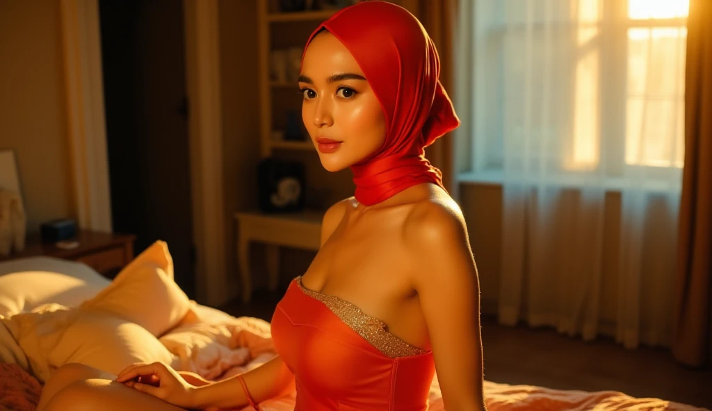 araffe woman in red lingersuit and hijab laying on a bed, portrait shot, shot on canon eos r5, shot on canon eos r 5, beautiful oriental woman, closeup portrait shot, taken with canon 5d mk4, malaysian, ig model | artgerm, close up portrait shot, red lace, shot on nikon z9, wearing red attire