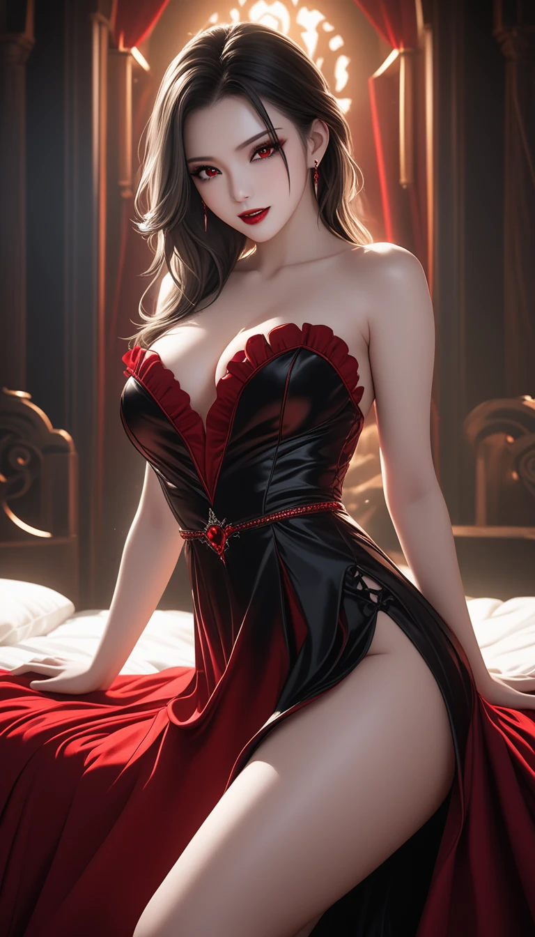 Rias Gremory,beautiful detail eyes,beautiful detailed lips,Extremely detailed eyes and face,long eyelashes,Photorealistic:1.37,Ultra-detailed,studio lightning,physical based rendering,Professional,Vivid colors,Portrait,Red Color Tones,Soft backlight, Devilish Charm,Seduction Smile,High-heeledshoes,cross necklace,black lingerie,Demonic Aura,Supernatural beauty,seductive position,confident expression,fine makeup,sharp-focus,pearl earrings,Glow Blue Eyes,Subtle shadows,Exquisite facial features,Dark red lipstick,standing in a dimly lit room,Red rose in hand,Ambiance Lighting,Luxurious boudoir,Red Velvet Curtains,An alluring look,Intense Background,gloomy atmosphere,Chic appearance,Smoky Eye Makeup,crimson hair, fluttering in the wind,Classic beauty,A hint of mystery, Seductive Beauty, Elegant and powerful, Presence in the team. big breastes, Vermilion hair, Luxury Wedding Dress.