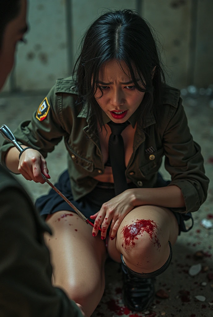 korean naked girl, (behind corpse, surgical mask), multiple girls, holding knife, stabbing, leather gloves, room full of blood, trucker hat, holding knife, leather gloves, behind corpse, blood splatter, short hair, night, mass murderer, robbery, in the house,
