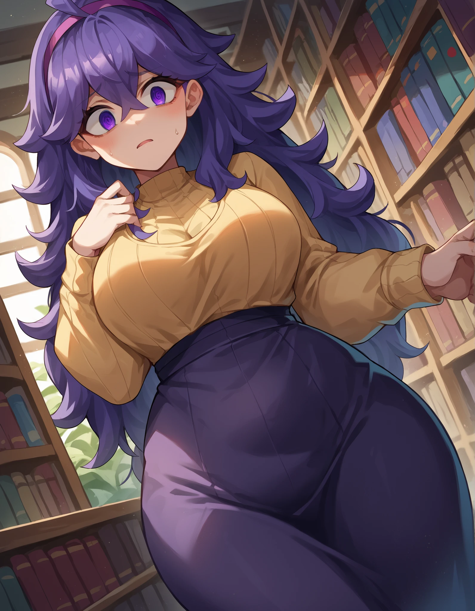 score_9, score_8_up , score_7_up , source_anime,
heckmaniac, hex mania, headband , messy hair, purple eyes, purple hair, purple headband , @ @,
Nudes,
indoor, library, and bend your hips,
look at the person watching, cowboy shot, Dutch angle, slim、Big Breasts、Peeking、very exposed