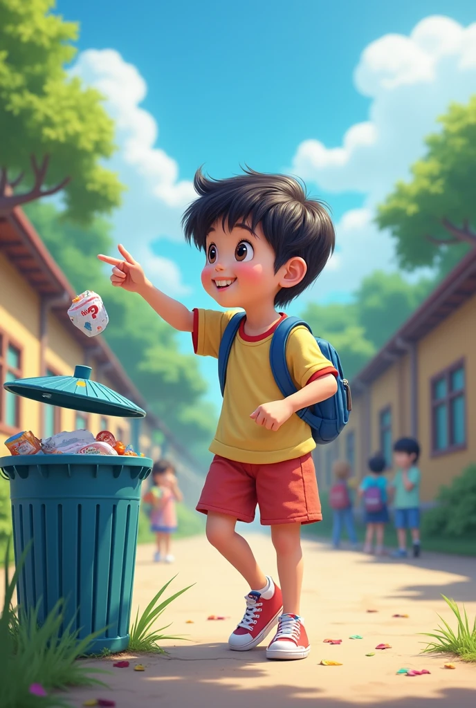 Hyper realistic, colorful Pixar style image of scene of 3D cartoon style of scene of The boy working diligently on cleaning, with a hint of understanding on his face. The playground looks cleaner, and other children are playing happily in the background.