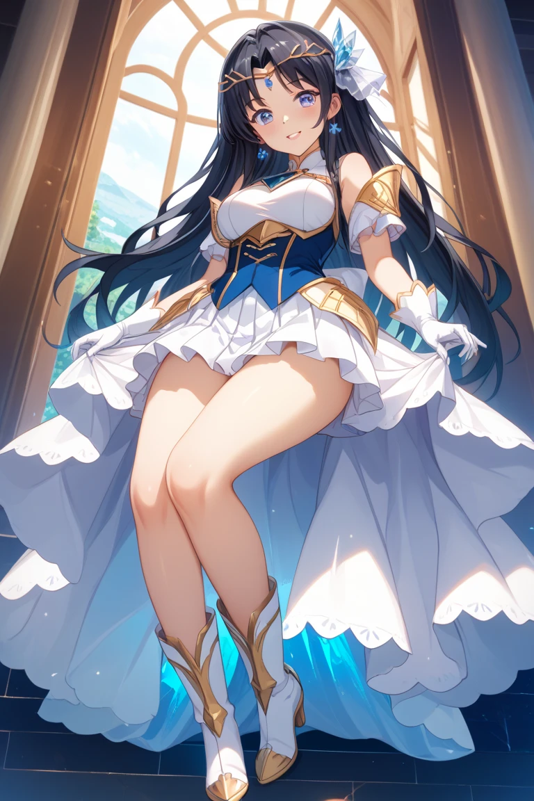 (Realistic:1.3), (masterpiece:1.2), (photoRealistic:1.2), (highest quality), (Detailed skin:1.3), (Intricate details), (Ultra-high definition face)
Reduces light reflections, 1 woman, 19 years old, Detailed skin texture,
She has only two legs, Two arms, Five fingers, Two joints in the fingers, Perfect body balance, good legs, slim legs, left and right legs the same thickness, Smooth Skin
(blush:0.7), ((smile)), gentle expression
Black Hair, Straight Hair, medium Long Hair, Calm hair, bangs, Hair between the eyes, Hair volume is low,
Sparkling blue eyes, Lens Eye, Light reflection in the eyes, Symmetrical eyes, looking at the camera, high light in the eyes, (eyelashes),
hair ornaments,
((Wearing white dress), the dress is one piece type, ((Do not cover the crotch)), ((black g-string panty)), tiny panty, separate Panties from clothes, off sholders
((big tits)), (vagina), (pussy), (camel toe), under boob
((((Depict from THIGHS to HEAD)))), (((from below))),
Inside the room, Natural light
((roll up skirt with her hands)), ((stand in the room)), (put her leg on the step), ((Pinch the skirt))