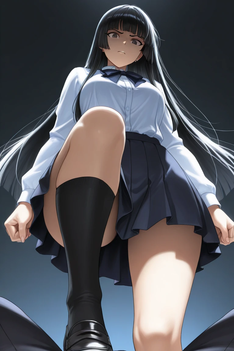 (best quality, 8k, highres, photorealistic:2.0), (solo, one girl:2.0),(lighting: strong),(lighting: front),(very muscular girl:1.5),(bodybuilder girl),(Squat down on one knee and spread your legs apart.:1.5),(raise both arms behind your head:1.5),(wearing black loafers:1.5),(school uniform),(white collar shirt),(long sleeve shirt),(red ribbon tie),(black Panty stocking),(blue skirt),(blue pleated mini skirt),Photographed in front of high school, Wealthy Japanese lady