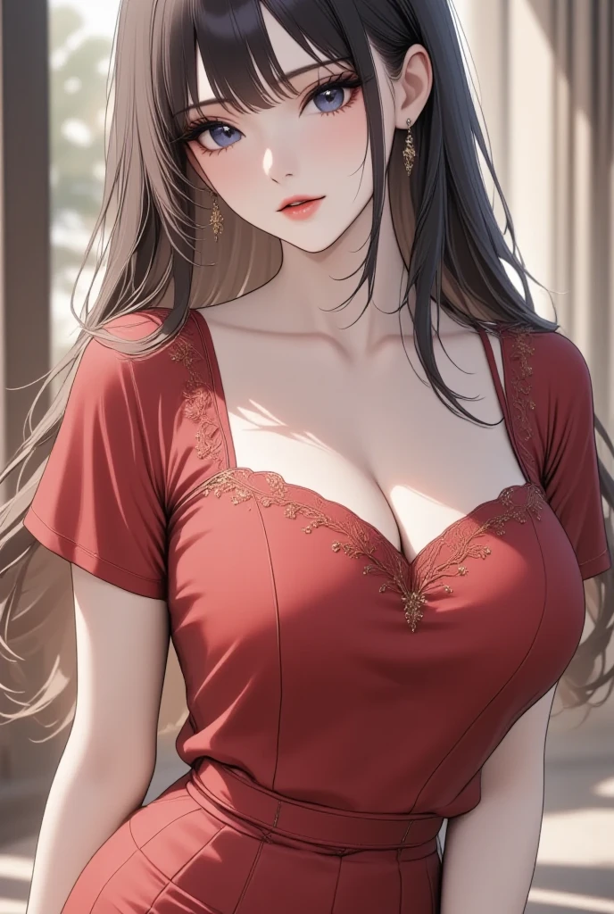 High resolution, (masterpiece:1.4), ((Slightly larger breast)), Super detailed, 1 person, Red eyes, Long black hair,Bedroom、Sexy posture, The camera is close to the body、Troubled expression、Hotel、Dimly lit room、Mayumi Saegusa、Mayumi　Saegusa、Lift your chest with both hands、Turn away、Description above the waist