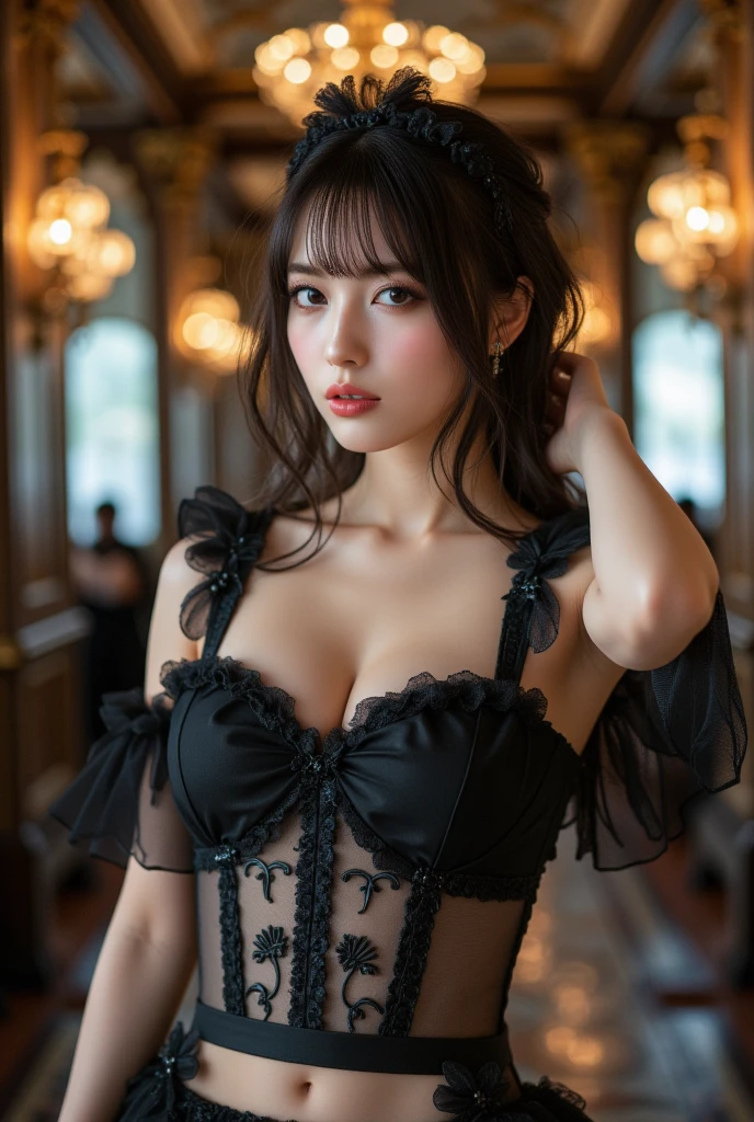 (((Open your legs wide to show your panties.)))、((thick and beautiful thighs))、((camel's toe))、(Art is、Decorated with intricate patterns and bright colors、It depicts an attractive woman dressed in black)、(Her black corset dress was elegantly draped over her curvaceous figure、Highlights her seductive silhouette)、((The front part of the corset dress is embroidered in a complex large black color,))、((Chest is often ruffled))、She sits gracefully in a quiet moonlit night、bathed in the soft glow of moonlight.。The scene is、With a mysterious and sexy touch、It exudes an ethereal dreamy atmosphere。Graphic style is、Blending watercolor and digital illustration techniques、It evokes a refined beauty and charm。The lights are filled with soft moonlight、Casting soft highlights and shadows on her charming features。(Wearing a tight translucent black corset dress)、large full breasts、Three-dimensional facial features、(sitting on)、Upturned legs、in 8K、Raw photography、top-quality、(curly hair in black and long braids、Big bang1)、hight resolution、High-quality photos、Convoluted、(Breast exposure、cleavage of the breast)、Body Portrait、((Click here for the perspective of the upper eye user))、(((Wearing a black corset dress)))、Blue belt embroidered at waist..........、((Black stockings with belt))、((beautiful countenance))、((open the legs widely))、((camel's toe))、((Front open leg))、(((Click here for the line of sight)))、((Extraordinary beauty))、