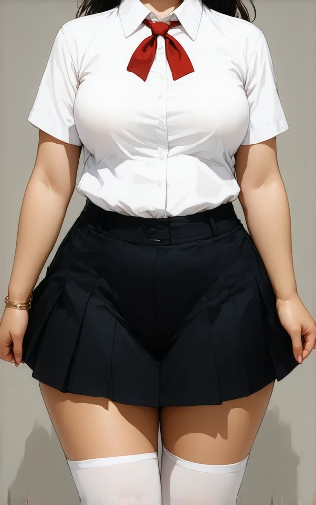 Chubby girl with fat belly and tight thighs, full body, 18-year-old , thick hips, thick neck, thick chest, big eyes, wearing a shirt and thight skirt and thight short pants