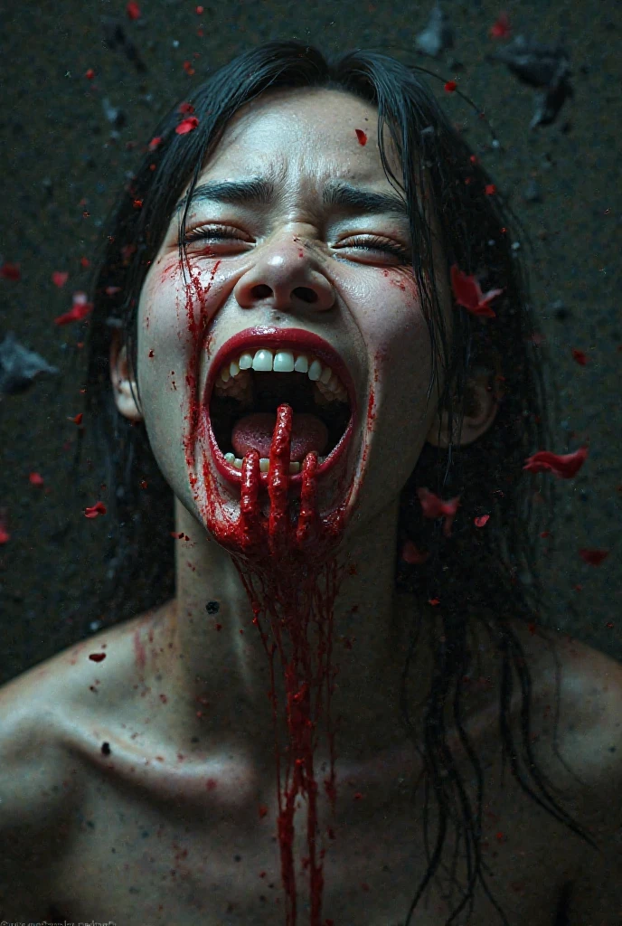 Human head being traded in a traditional market, on a top of table, human trafficking, bleeding, woman's head, open mouth, ((eyes closed)), bleeding, photorealistic, 4K, Nikon, horror, public market, beautiful asian face