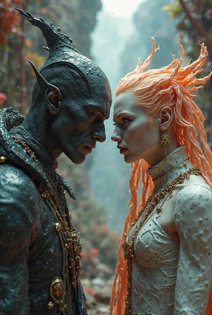 a bald bearded man looking into a mirror, a short petite white-haired albino woman with a demon standing behind her looking out from within the mirror. Dark fantasy,