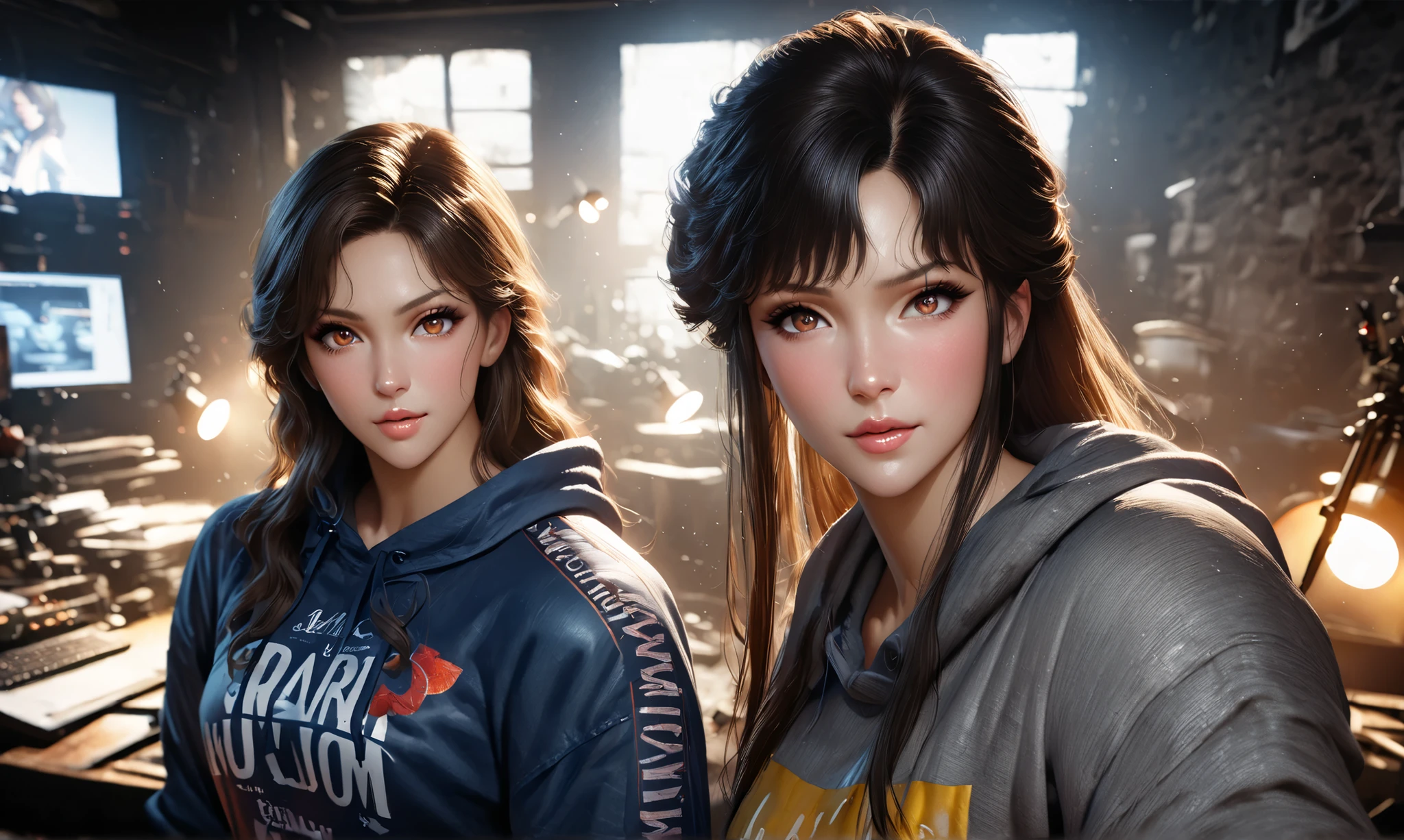 Masterpiece, best quality, very detailed, ultra-high resolution, (photorealistic sweatshirt: 1.8), unreal_engine, фотография, realistic sweatshirt_skin_texture, wallpaper, 1 boy, Hayato Kasukabe, Japanese face, (ultra detailed face), 8 k, is gaining popularity on ArtStation, very detailed , best quality, overdetailed, realistic sweatshirt, Hitomi Kisugi , 1 girl, Beautiful girl, long black hair, beautiful detailed eyes, beautiful lips with detailed elaboration, eyelashes, beautiful eyes, beautiful brown eyes, detailed face, pretty face, pretty face, blue jumpsuit, dressed in blue,  thin yellow belt around the waist, bright colors, HDR, studio lighting, sharp focus,  in action in relation to the viewer, poses for the viewer