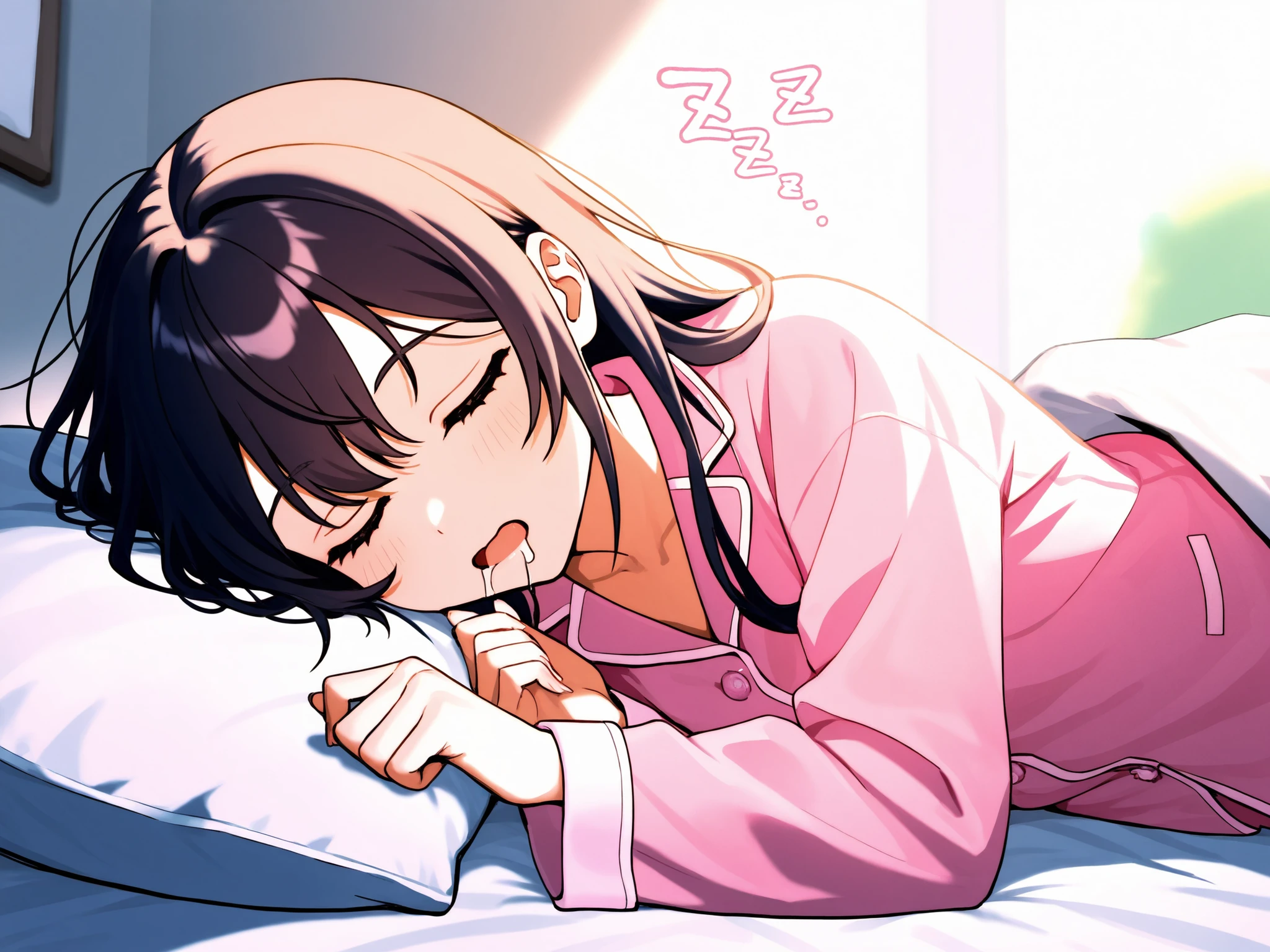 1 girl、 sleeping、bed at home、My salivation is slightly drooling、I'm having a good dream、Sleeping in a bad position 、 pink pajamas