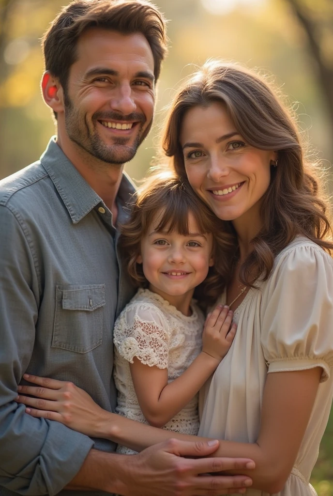 family of four people, A white man, chestnut hair, charming smile formal wear green eyes, black woman wavy brunette hair with highlights, light brown eye, White child, , Green Eye, medium brown hair and 3 month old baby brunette, photo background a backyard of a house