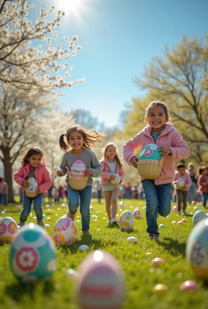 a candid shot of an Easter egg hunt in progress, with children eagerly searching for eggs on the grass, capturing the energy and excitement of the holiday