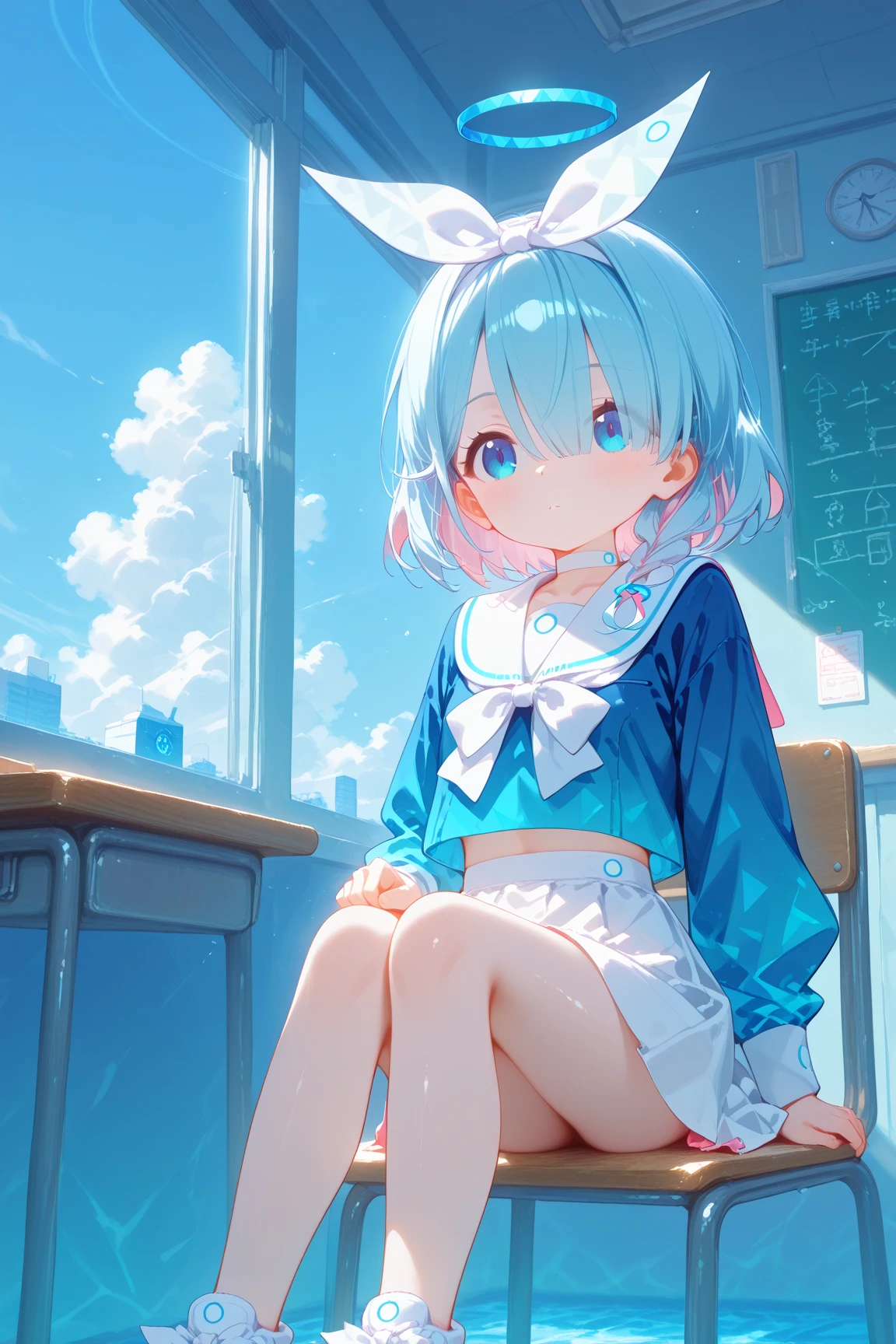 (masterpiece, best quality, highres, ultra detailed, detailed background:1.2), (beautifull, detailed face, detailed eyes), arona, 1girl, white hairband, bow hairband, halo, mechanical halo, short hair, single braid, blue eyes, two-tone hair, multicolored hair, blue hair, pink hair, , blue shirt, white sailor collar, long sleeves, white bowtie, white choker, ruined classroom, school desk, shallow water, cloud, standing, leaning forward, arms behind back, happy, open mouth, smile, blush, looking at viewer, wet, wet clothes, wet shirt, wet hair, wet skirt, shiny skin, cowboy shot, midriff peek, from below, nsfw,