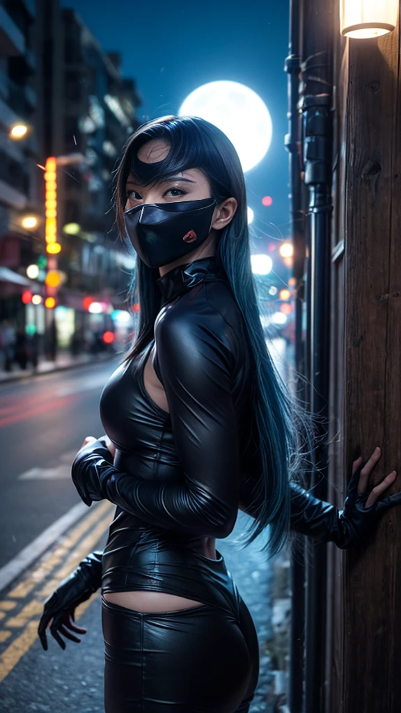 Realistic full body photo of a 24 year old Asian girl., highest detailed face., Wearing an extremely tight latex ninja suit., Very fit ninja suit., (((hourglass figure))), big , (((Very distinctive facial expression))), Looks very outstanding, long black (Curly) her, long gloves, very tight leggings, face veil, interested, Mistress, hands on hips, Committed, Road at night after the rain, neon, (((The waist is extraordinarily slim.))), Very thin waist, (((The hips are very wide.))), Masterpiece, best quality, (realistic:1.4), looking into the camera