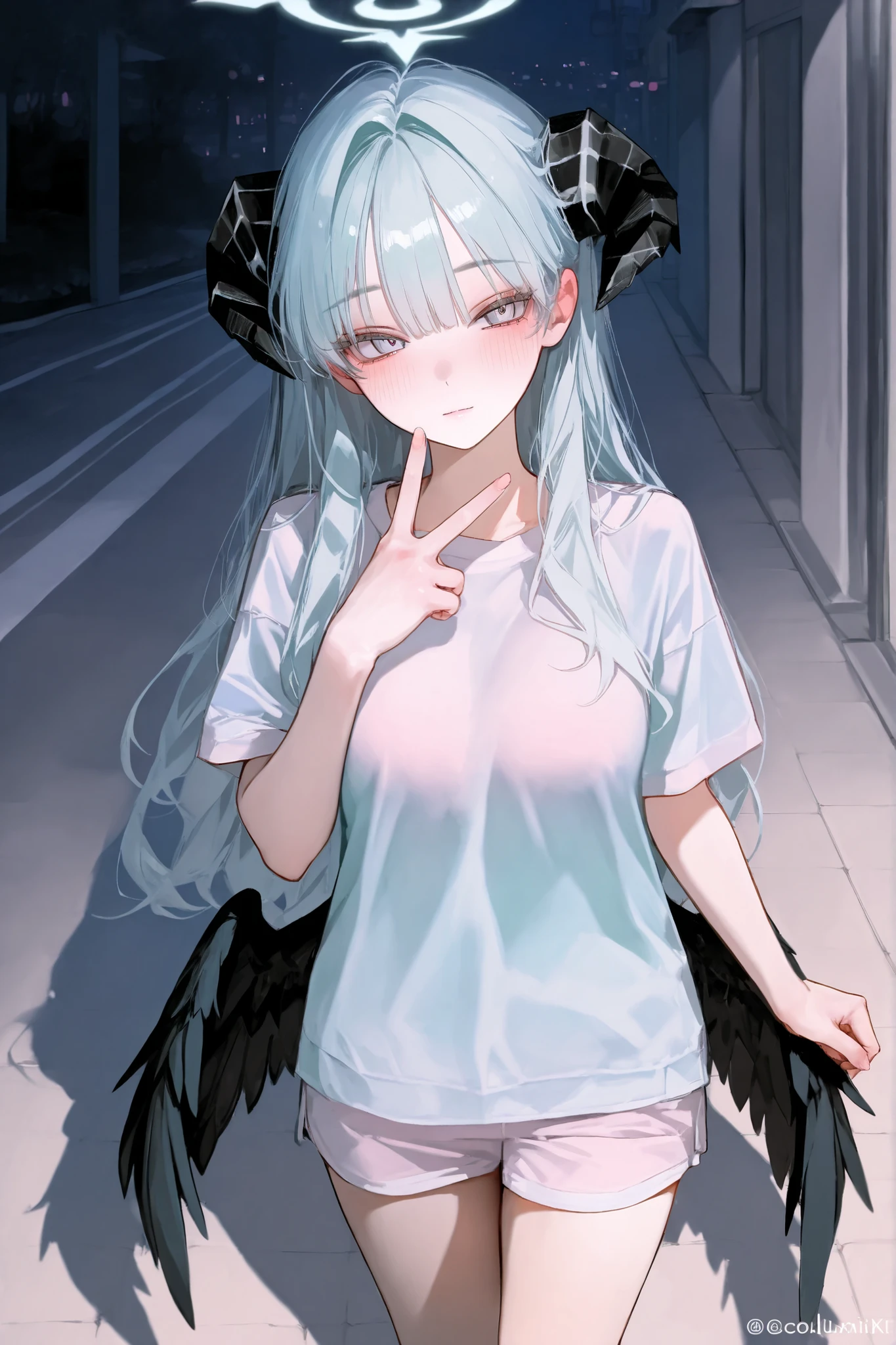 Cool , cool,파스텔 민트색 머리카락, black horns pastel mint-colored eyes, big , charismatic,Expressionless, blush,high resolution, masterpiece,top quality, Boltuch,Glamorous ,stroke,Black Wings,pastel mint color,  slight smile while jogging , eyebrows with raised tips, I'm doing a V,night wear,big , 파스텔 민트색 머리카락