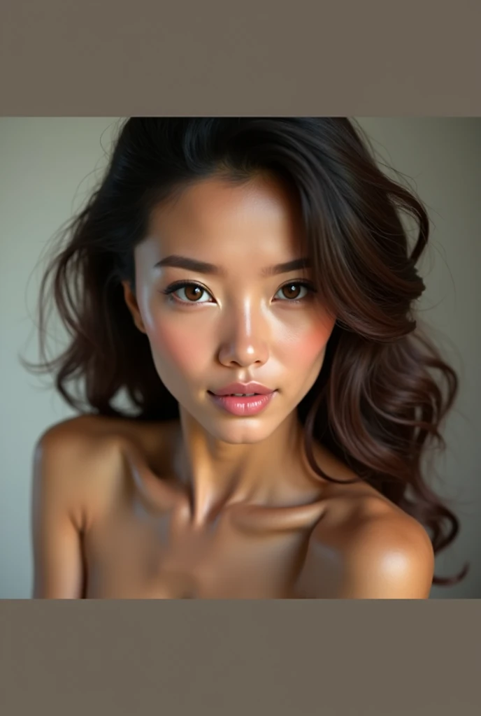 (NSFW, soft fill lighting, studio lighting:1.2) Hyper realistic airbrush painting of (1 nude sexy tanned Polynesian|Asian female model, slanted Asian eyes:1.35), (walking on catwalk, female_audience, seductive smile), wearing nothing, trending on artstation, 64k, global illumination, (hourglass body shapes)
