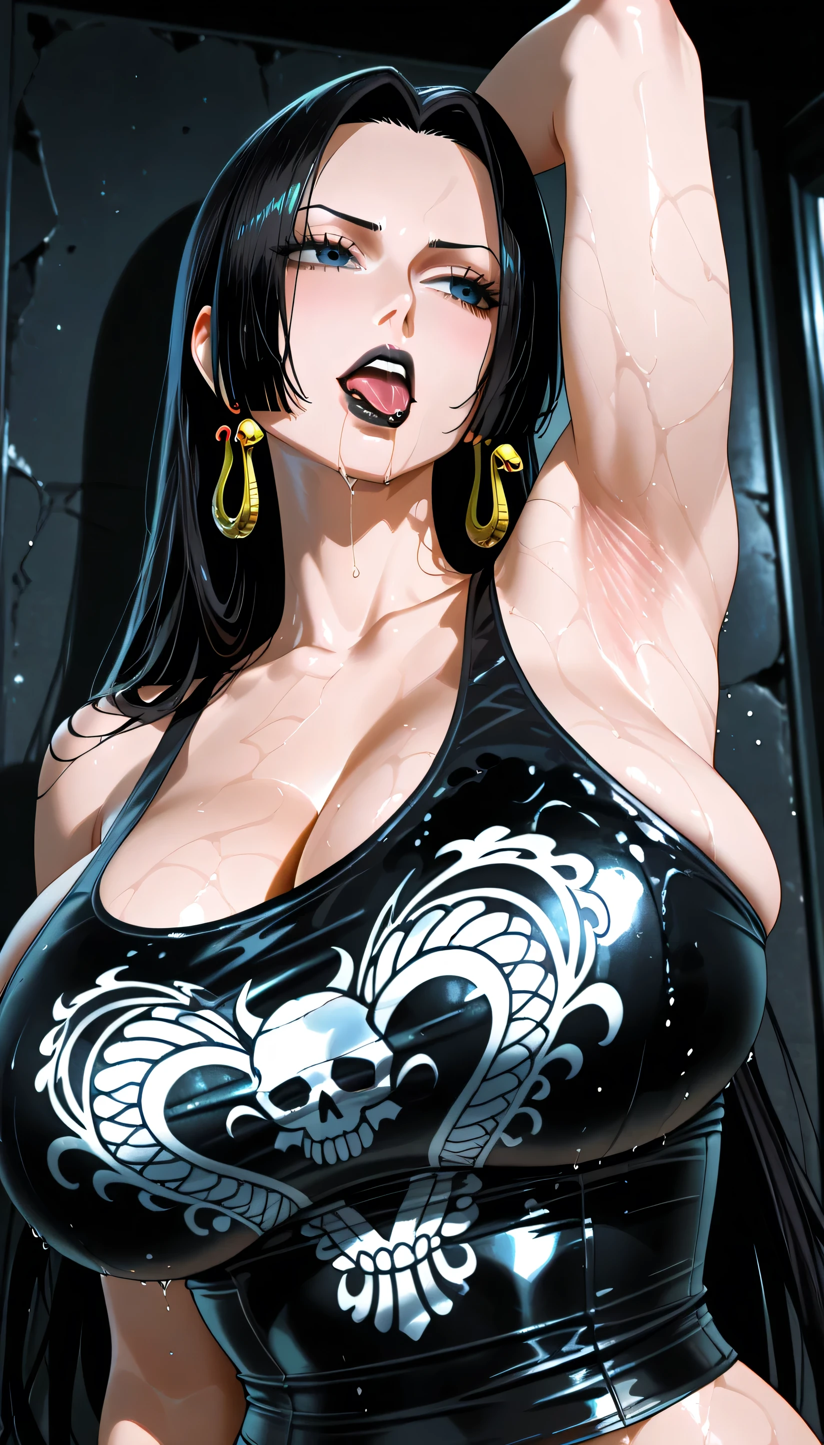(Boa Hancock), black tank top, gothic make-up, pierced ears, big breast, perfect body, black lipstick, licking the armpit, arrogant facial expression, photo art, high detail, high resolusi, best quality, black wall background, wet body, head looking to the side