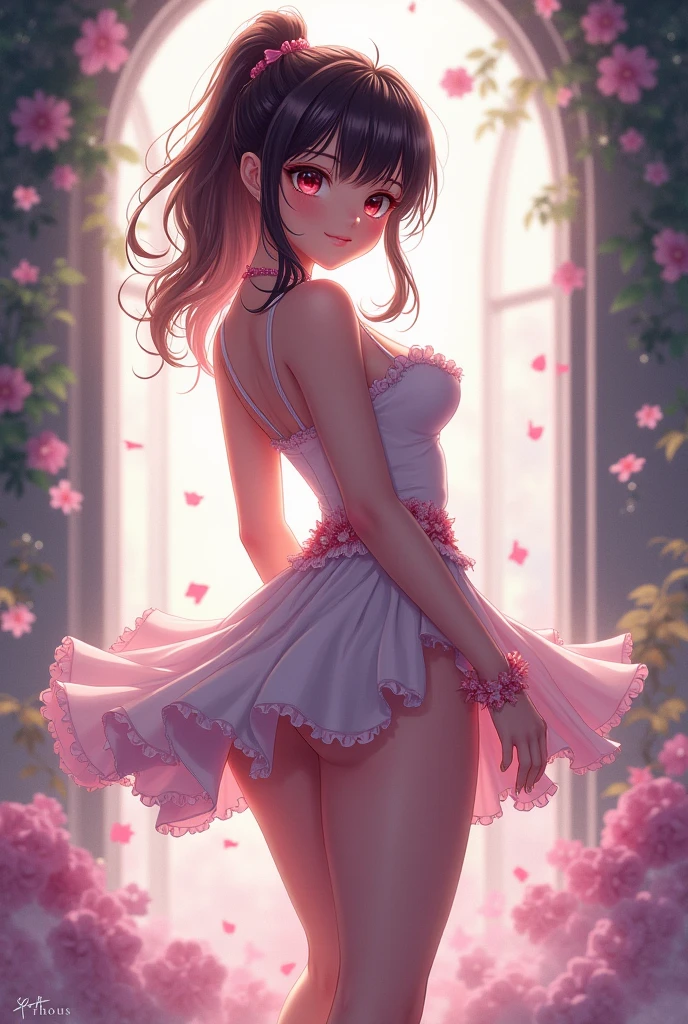 sksbrooke person, sksbrooke, (masterpiece:1.2), (best quality:1.2), perfect eyes, perfect face, 1girl, solo, brown eyes, (medium breasts), perky breasts, seductive look, pink wedding dress with a shawl, walking in the garden, back view