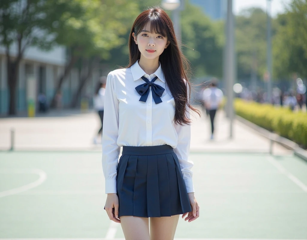 (Highest quality、Ultra-high resolution、8k、masterpiece:1.3)、Beautiful woman with perfect figure:1.4、Black Hair、(((((School Uniform))))、Big eyes、派手な、(high school girl)、(Navy blue pleated skirt)、(Ultra mini skirt)、A beautiful woman、School Bag、Highly detailed face and skin、Detailed eyes、Shiny thighs、double eyelid、Thin legs、The best smile、(((1people)))、(I can see her panties:1.8)、White panties、(スカートの間からI can see her panties:1.5)、The best smile、Extraordinary beauty、Age is 10years old、Perfect Proportions、whole body、(((blue sky)))、Baby Face、Touch your hair with your hands、The wind is blowing、(((Skirt that flips up)))、(Skirt lift)、Back view、look back、Angle from below、Tulip Fields、Beautiful Landscape、(Good weather)、