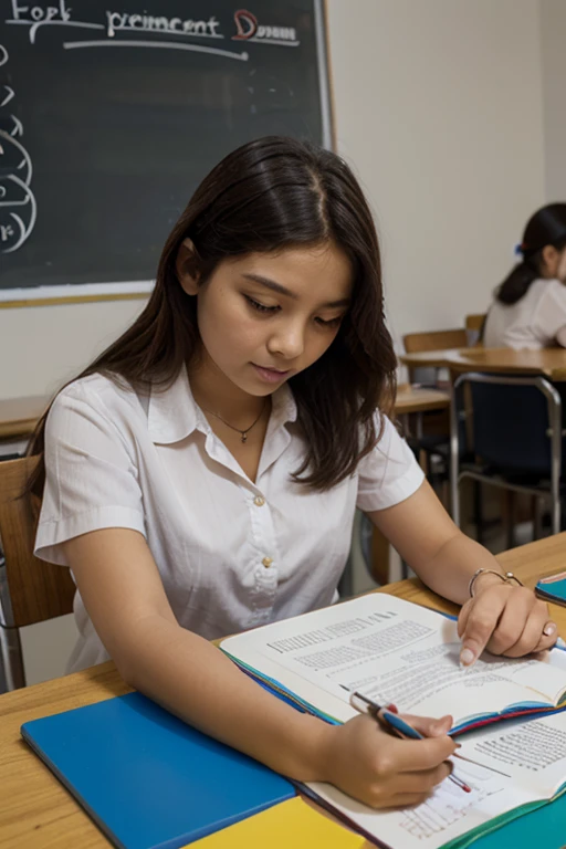 middle aged pregnant Asian female teacher,short hair,wear glasses, in a classroom, at night