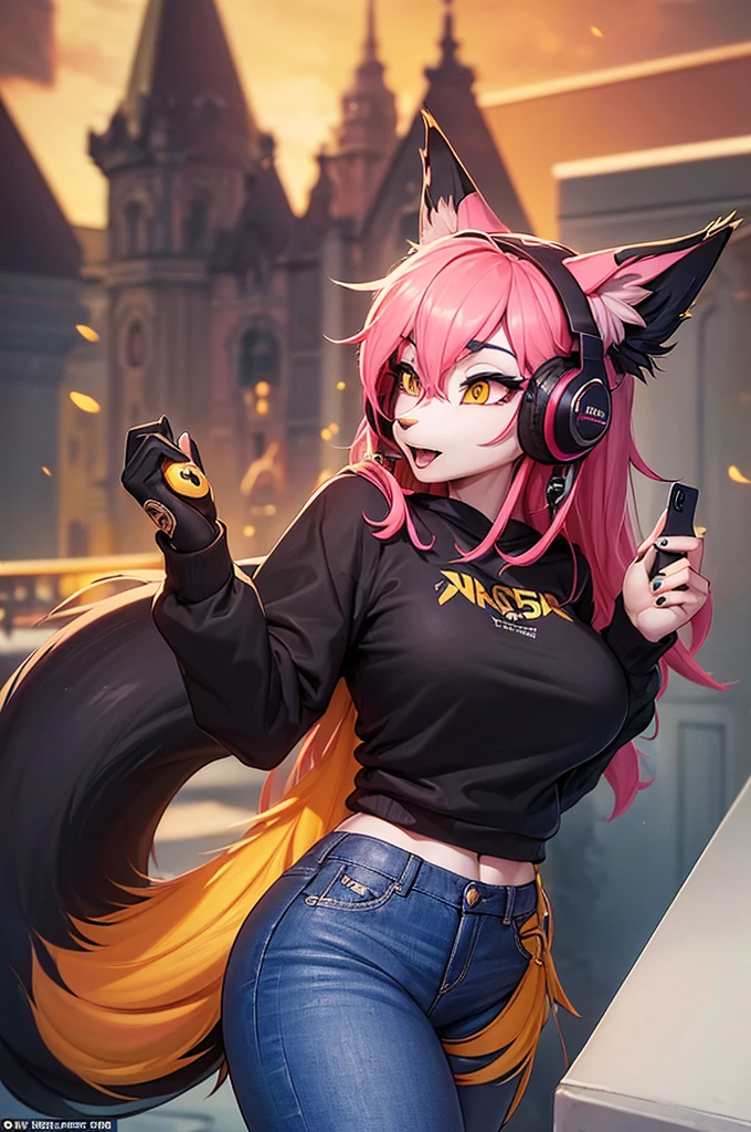 A closeup of a person in a cat costume, Loba Andrade, her clothing has a kind of yellow color and is showing her cleavage and her chest, He is raising his left arm over his head and his right arm is resting on his waist., anime, anime character, in the style of apex legends, inspired by Jules Chéret, apex legends portrait, anime character, there is mystery, arcane faux pas portrait, as supervisory character, Starfinder Style, Official character art