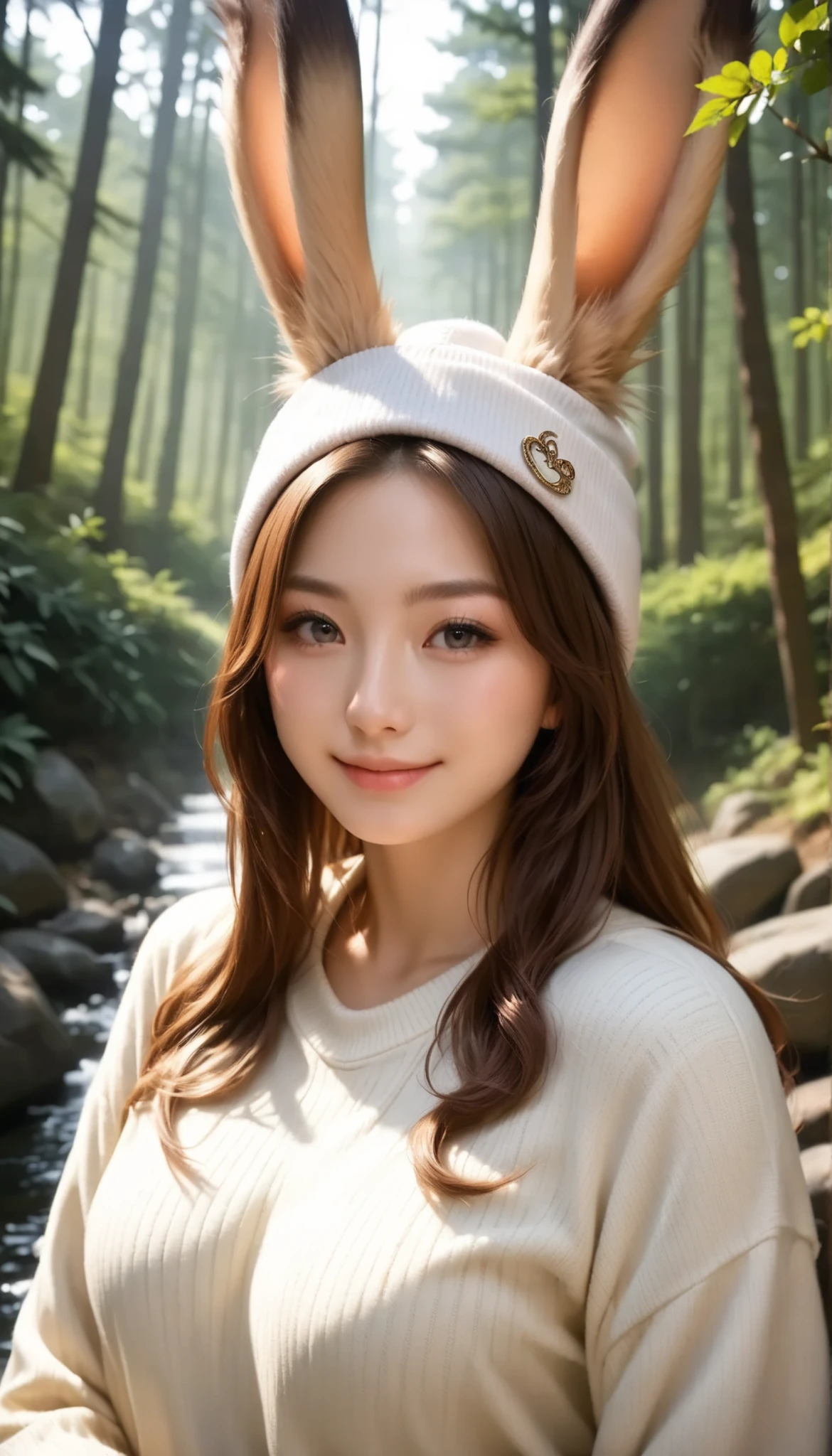 (Best Quality, in the bathroom, realistic nestled on a forest path:1.7), (VERY YOUNG VIERA GIRL:2.3), the beauty of Japan, lovely face, light smile, beautiful eyes, animal beanie , MULTI-COLORED SWEATER, closely watch the viewer