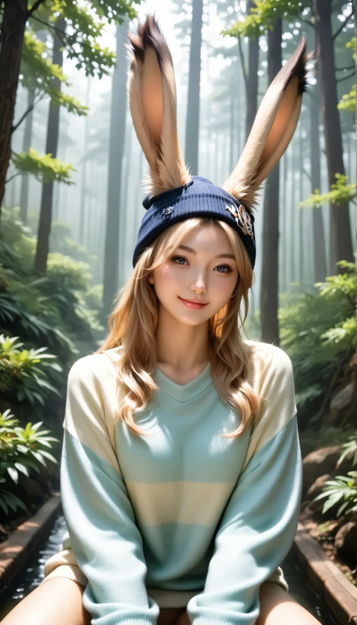 (Best Quality, in the bathroom, realistic nestled on a forest path:1.7), (VERY YOUNG VIERA GIRL:2.3), the beauty of Japan, lovely face, light smile, beautiful eyes, animal beanie , MULTI-COLORED SWEATER, closely watch the viewer
