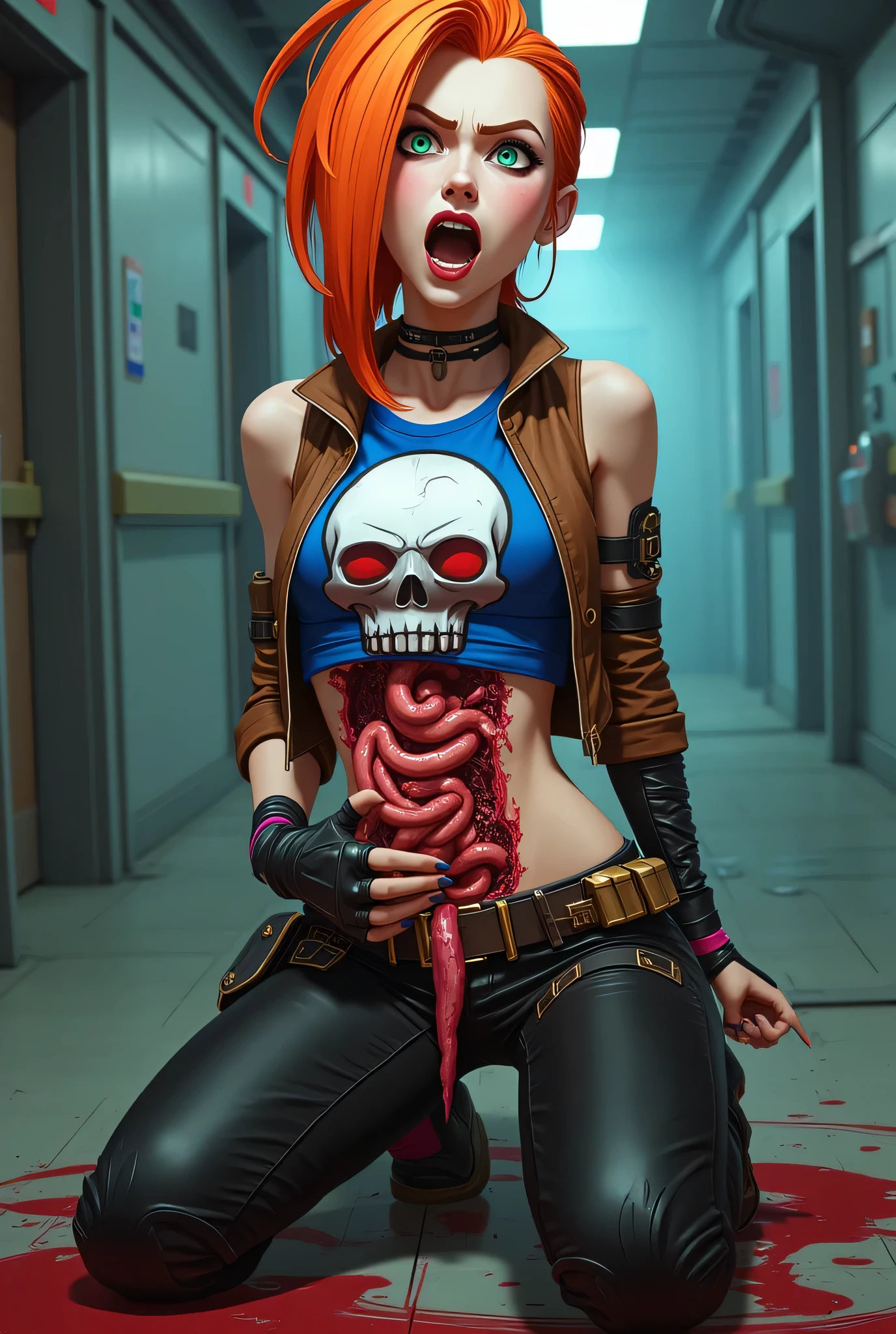 jinx, gory, She has bright orange hair, her green eyes wide open, and orange eyebrows raised. her belly cut opened, She got flat breast, holds her abdomen, with her guts spilling down from her slashed open belly. She wears a sleeveless short brown jacket over a blue crop top with a large skull design on the front. Her black long pants are worn low on her lower belly. Her expression is one of shock and terror, her intestines are hanging out of her belly, intestines are hanging to the floor , she is clutching her organs from the wound , tightly holding onto her large intestines, stiffly bending down, She kneels and She opens her eyes wide and looks down, her mouth agape in horror, a battle is taking place in a cyberpunk hallway In the background. she looking at the opened her belly and scream. stomach wound, cartoon style