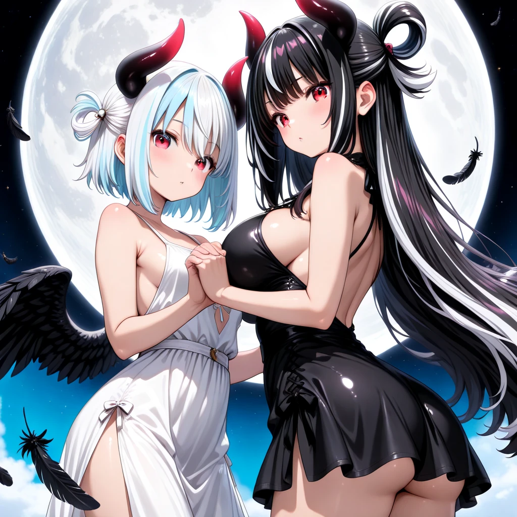 Details、ultra-detailliert、masterpiece、top-quality、Beautiful fece、A detailed eye、 (3 women:1.4)、Three Succubus(symmetrical succubus wings)、(triplets:1.2)、(Night time)、、(bow ribbon:1.1)、(Two-side-up)neck tie、bra very、耳环、()、Shady face、(dark backgrounds)、malicious smile、Bruises and ugly facial features、Young features、(、long-sleeve、(fluffy sleeves fluffy hair、(Open your mouth and laugh)、、l、Chiquita、Colossal tits、Colossal tits、(Put your hand on your face)、、Ruffled uniforms、hair clips、(Ridicule:1.1)、looking-down、Angle from behind、respected by women、(upward looking gaze:1.2)、超Colossal tits、(hearts symbol:1.5)、(Mass of heart:1.5)、(Heart Effect:1.5)、(heart mark:1.5)、demon tail、Devil's Tail、Succubus、(超Colossal tits:1.3)、Colossal tits、(Tattoo of the heart:1.dare、Devil's Tail、Boob Matching ,Girl Sandwich face sandwich(confused and blushing、Small Girl、kawaii facepose your ahegao) Hug each other, catch them, そしてサンドイッチを作ってサンドイッチにHug each otherポーズ Bury your face in cleavage sandwich from front and back Sullen expression