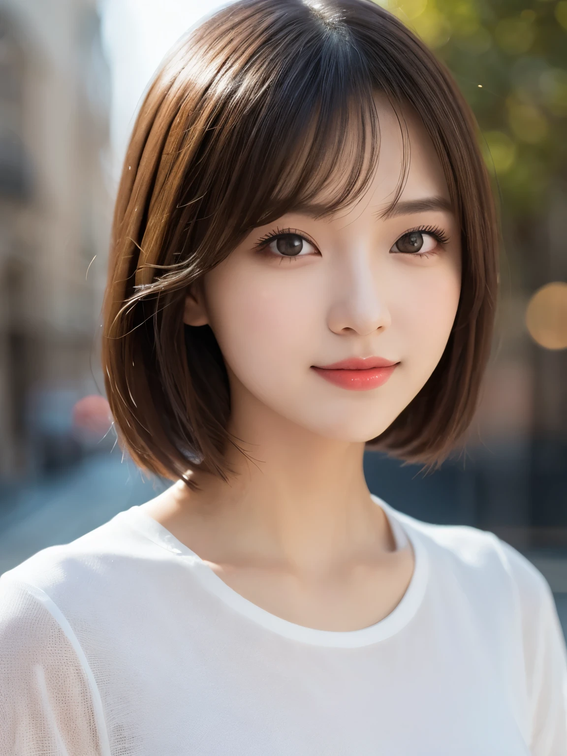 (masterpiece), highly realistic, beautiful atmosphere, intricate textures, super-resolution, hyper-realistic, high contrast, side face, Portrait of a cute girl, looking at viewer, Focus on the Face, (Glowing Eyes), Glossy lips, rouge lip, make-up, blush cheek, smile, baby face, short hair, Brown eyes, beautiful girl, (perfect anatomy), 8k Resolution, wonder full, elegant, hyperrealism, approaching perfection, dynamic, highly detailed, ultra high definition, high quality boost, contrast boost shirt