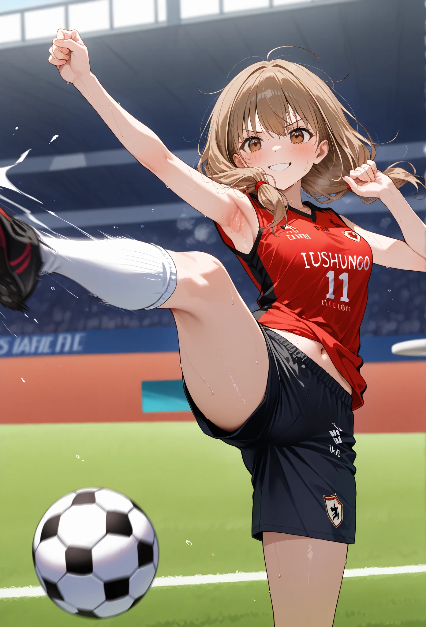 Girl makes a wonderful shooting move on the football field, shot moment, shooting move,exquisite , exquisite details,high quality, best quality,perfect anatomy