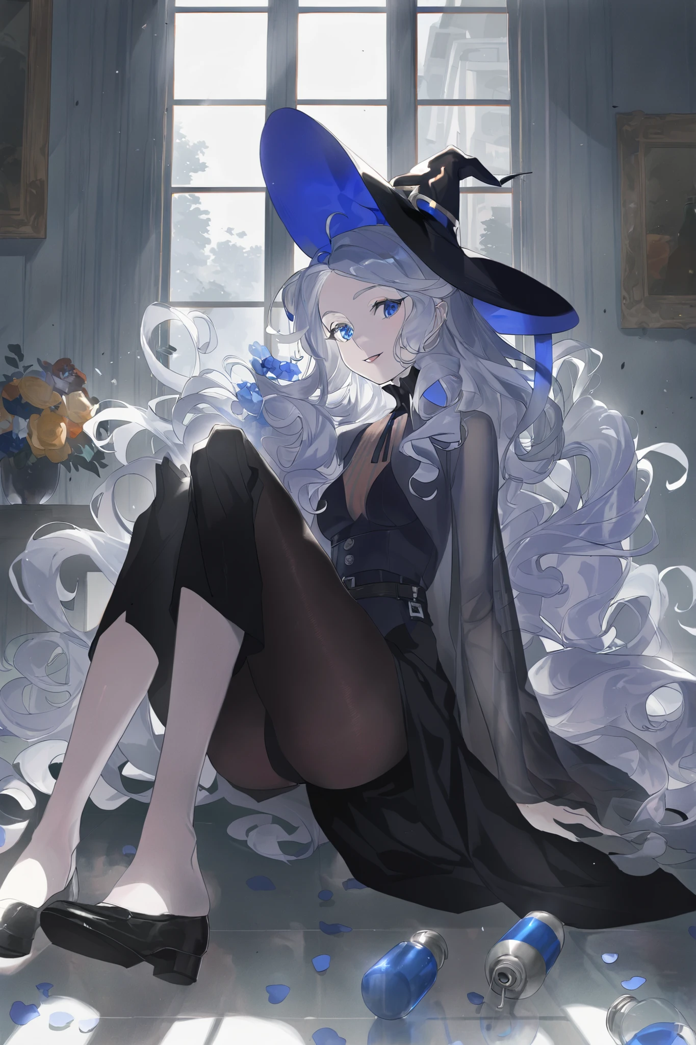 1 Girl,alone,blue eyes, Cinematic lighting and shadows,1 Girl,Young girl,Smile,white extra long transparent curls,blue eyes,Pure,Witch hat,Black Outfit,Sit in a bunch of flowers ,interior,Smile,pale skin,Floor-to-ceiling windows,European Classical Style,Chemical Bottles Cans