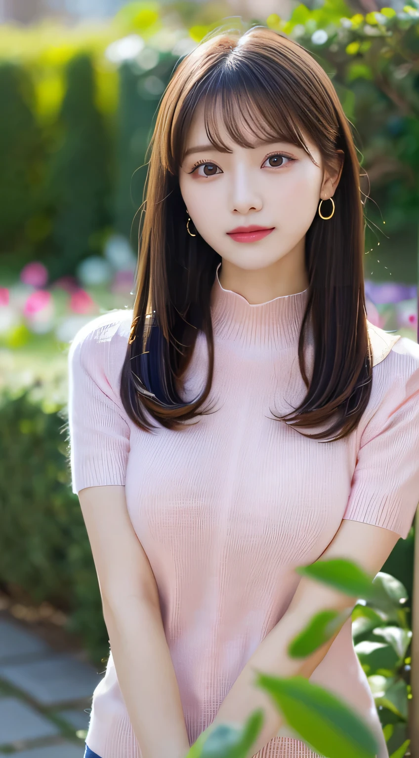 (beautiful girl、cute face、staring at the viewer:1.3)、Best Quality,8K image、 Patchy double eyelids、happy、natural makeup、 Moist Strip、white skin、( straight hair 、 MEDIUM HAIR、 straight hair , Strongly blurred background、garden :1.3),(pink knit、 tight knit 、Short sleeve:1.4),Well-Shaped Breasts、earrings、necklace、
