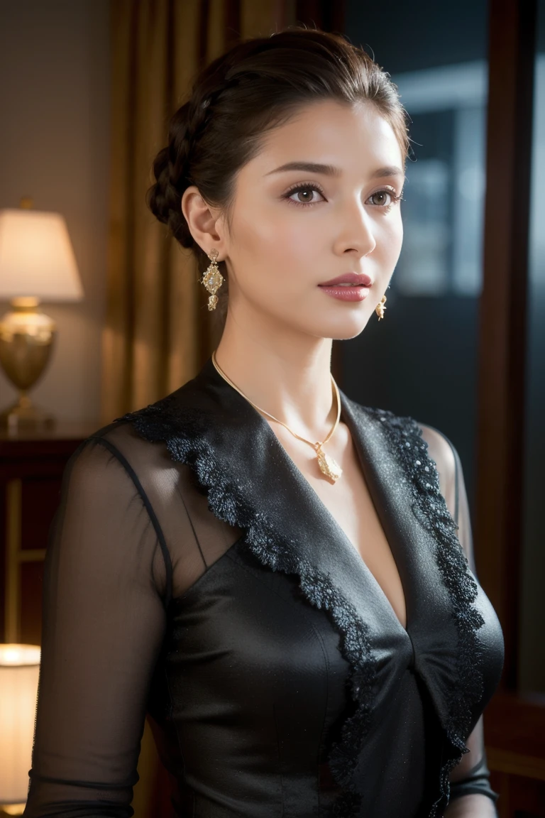 (RAW photo:1.2), (Photorealistic:1.4),Beautiful detailed woman,very detailed eyes and faces, A detailed eye, ultra - detailed,A high resolution, The is very detailed,best qualtiy,illustratio,unified,8k 壁纸,tmasterpiece,best qualtiy,a 1 woman,Solo,Rich,elegant,full bodyesbian,Slightly chubby figure,toned figure,There is meat on the legs,Slim waist,Solo,Temperament outfit,high-heels,Gem Necklace,Coiled hair,Gentle smile,Dignified atmosphere,Black eyes,realisticlying