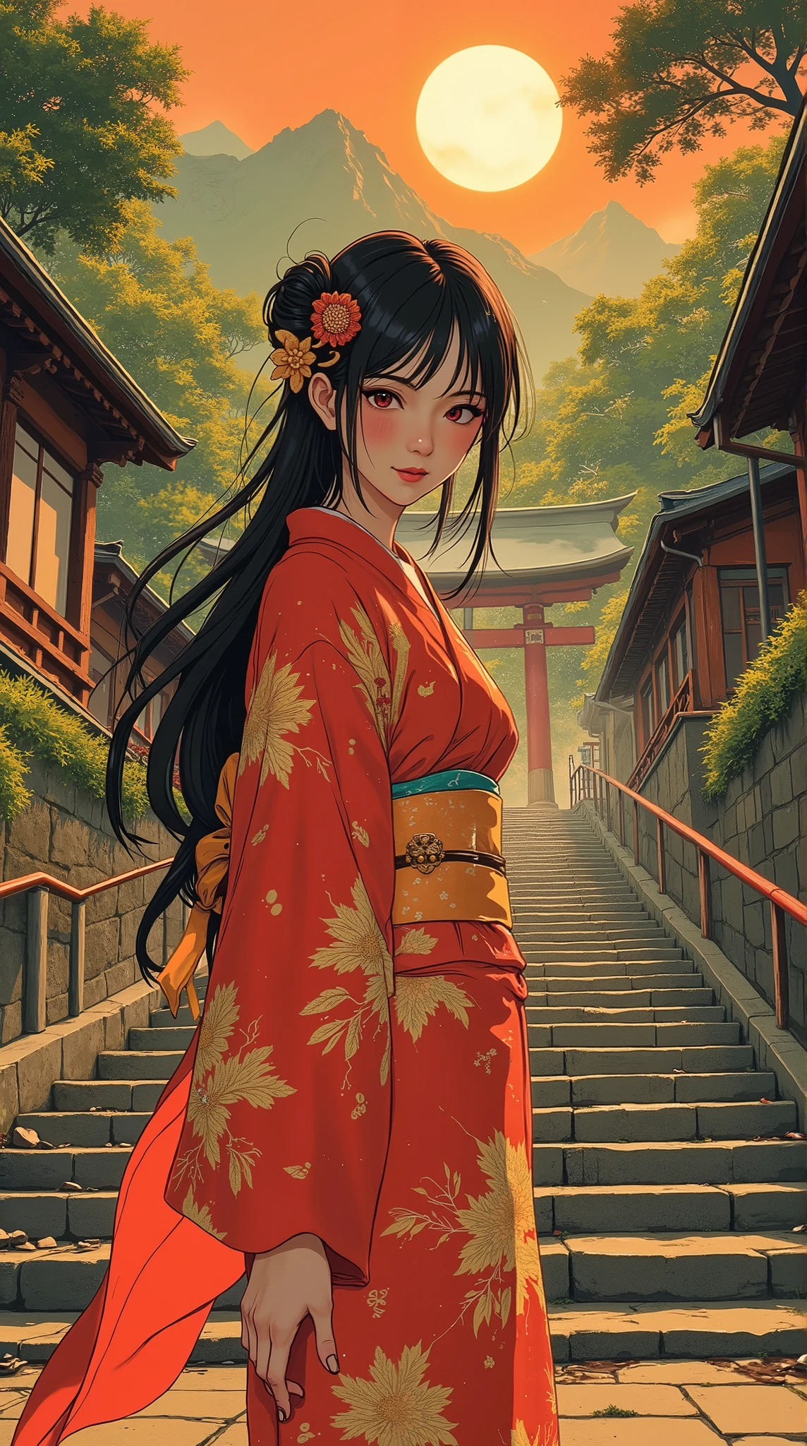 illustration of A stunningly beautiful girl, sexually suggestive illustration, ntricate linework with expressive contrasts, Stunning Japanese woman (long loose hair, sidelocks, hair ornament, red and gold silk kimono) standing at the base of a flight of steps leading up a steep hill to a shinto shrine, in front of wooded mountains, sunset, faint mist, facing the viewer, direct gaze, she is smiling at the viewer with a mischievous expression, seductive smile, sultry look, smirk