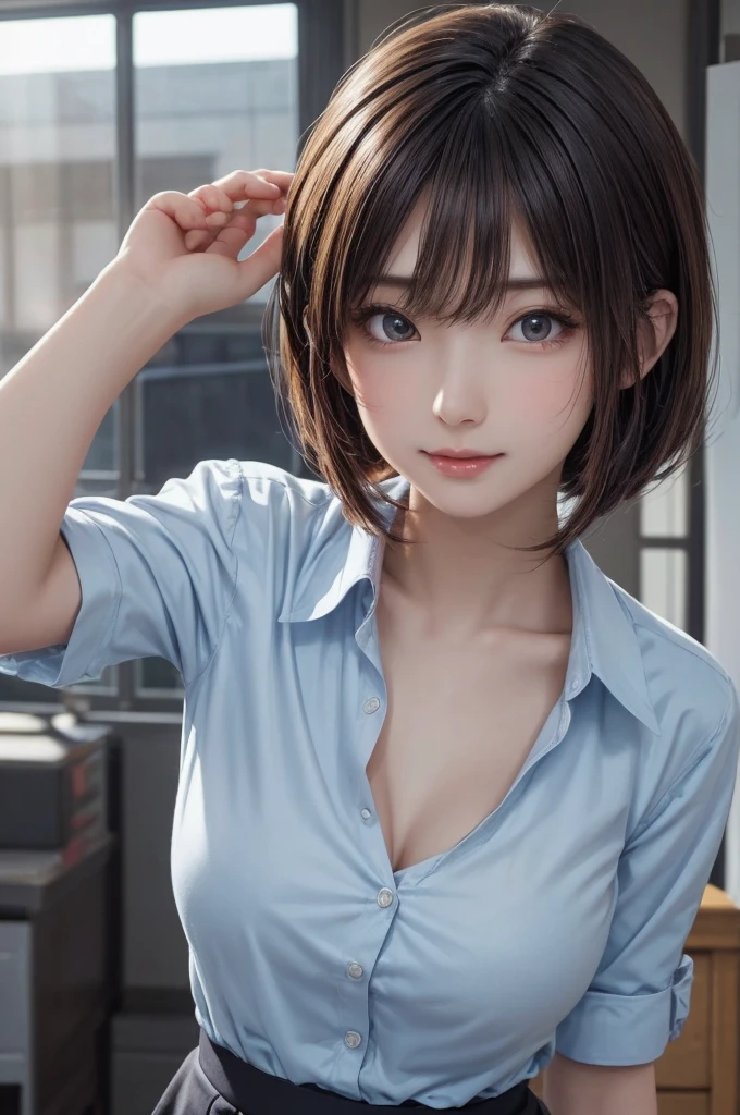 Pretty thai woman short hair  , (8k, best quality, masterpiece, ultra highres:1.2) Photo of Pretty thai woman beautiful, beautiful enchanting fashion contemporary painting with , (1girl), (white shirt short sleeves), ((black pencil skirt)), belt , realistic skin texture , round chin, 85 mm art lens, f 1. 2, sharp focus, 8 k high definition, insanely detailed, intricate, elegant , big breasts , black skirt 