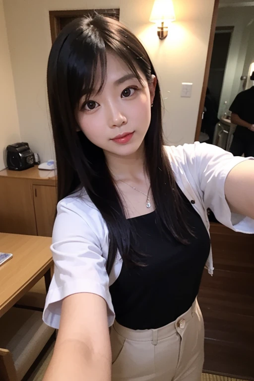 Tabletop, Highest quality, shape, Very detailed, In detail, High resolution, 8k wallpaper, Perfect dynamic composition, Beautiful details, dress,Medium Hair, Center of chest, Natural color lip, Random sexy poses,smile,Tower apartment、Japanese、白いdress、Cleavage