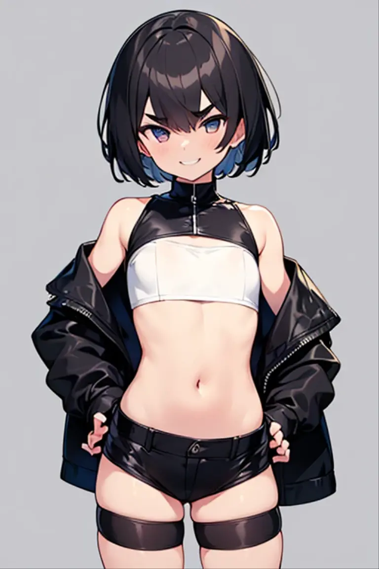 perfect hands,perfect fingers,1girl,flat chest,(short hair:1.3),black hair,standing attention,wearing black jacket,thick eyebrows,simple background,angry face,black hotpants,