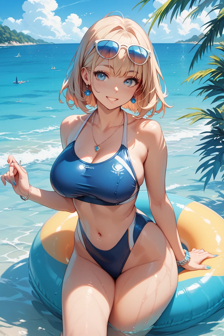 1 girl, medium gold hair, light green eyes, j cup breast size, powder blue bikini with lightning bolts, sandy beach with clear blue water, high res, 8k, masterpiece, looking at viewer, nice smile, (masterpiece), best quality, expressive eyes, perfect face, hands behind her back, full body picture