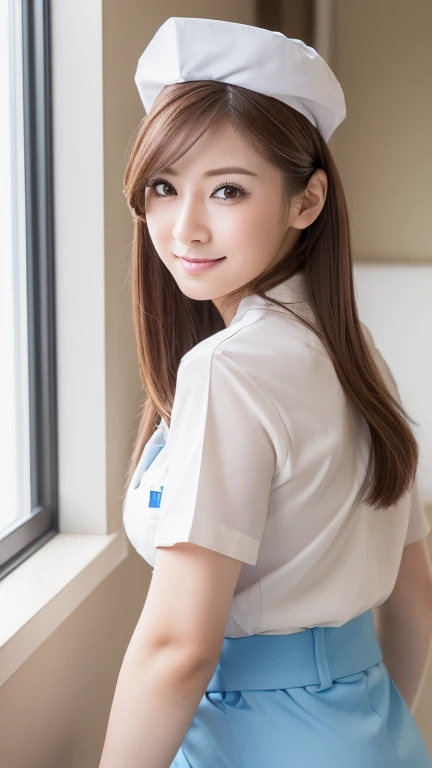 Pure Japanese nurse girl, sexual attractive, outstanding body, shiny white skin, wearing white nurse wear, pantyhose, high heels, natural hair styles, impressive big brown eyes, pure smile, feeling soft breeze in hair, sitting in nobody’s hospital, sexual temptation, face to face situations,