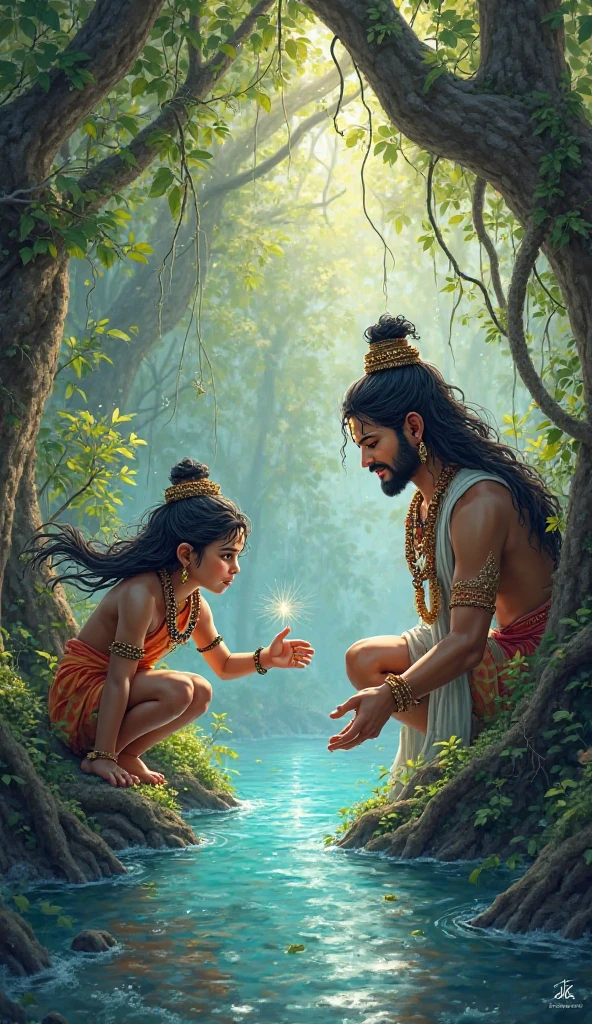 Bhagwan valmiki teaching archery to luv kush under the tree in cosmic background