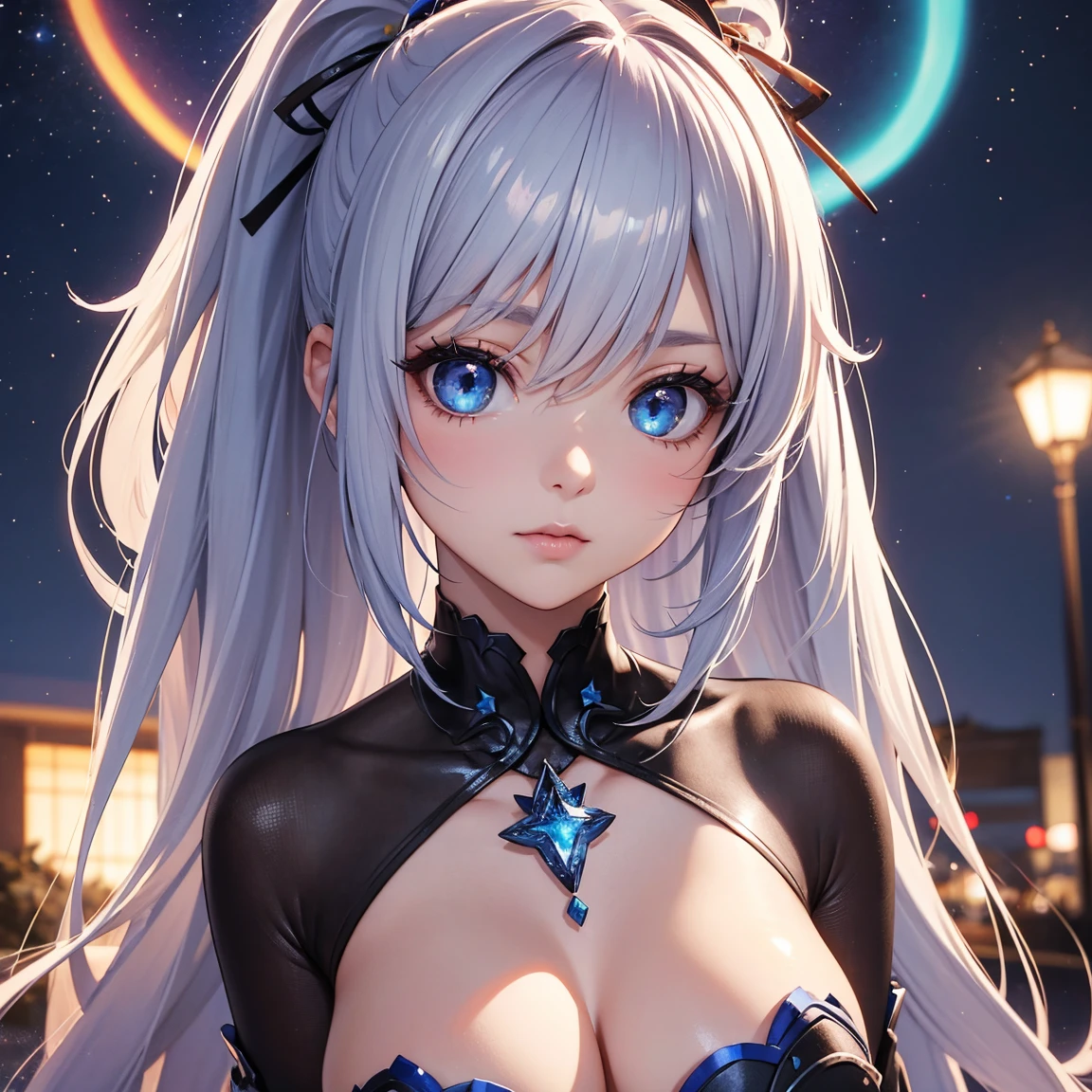 (8k, best quality, masterpiece:1.2),1girl,hair ornament, portrait, (long loose silver revealing dress:1.1), necklace, blue nails,cute,cityscape, night, rain, wet, professional lighting, photon mapping, radiosity, physically-based rendering,(mature female:1.1), (intricate detailed , taut clothes, hair ornament :1.2),