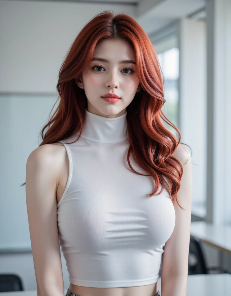there is a woman in a short skirt and a white shirt, anime girl in real life, gorgeous young Irish woman, beautiful Irish woman, beautiful young Irish woman, Irish girl, wearing tight shirt, beautiful Irish girl, wearing a cute white top, tight shirt, red hair and a perfect body, gorgeous Irish model, Irish woman, photorealistic perfect body, Irish woman posing for a photo, wearing a white top, Irish girl, beautiful young Irish woman, beautiful Irish girl, open translucent shirt, Irish goddess, cleavage, wearing a white top, wearing a tight shirt, without glasses, soft translucent white skin, beautiful Irish woman, clothes white open chest, red -head, red -Hair, medium bust, translucent white, translucent white shirt, translucent white , sexual pose, sex pose, taken with canon 5d mk4, nude, nipple