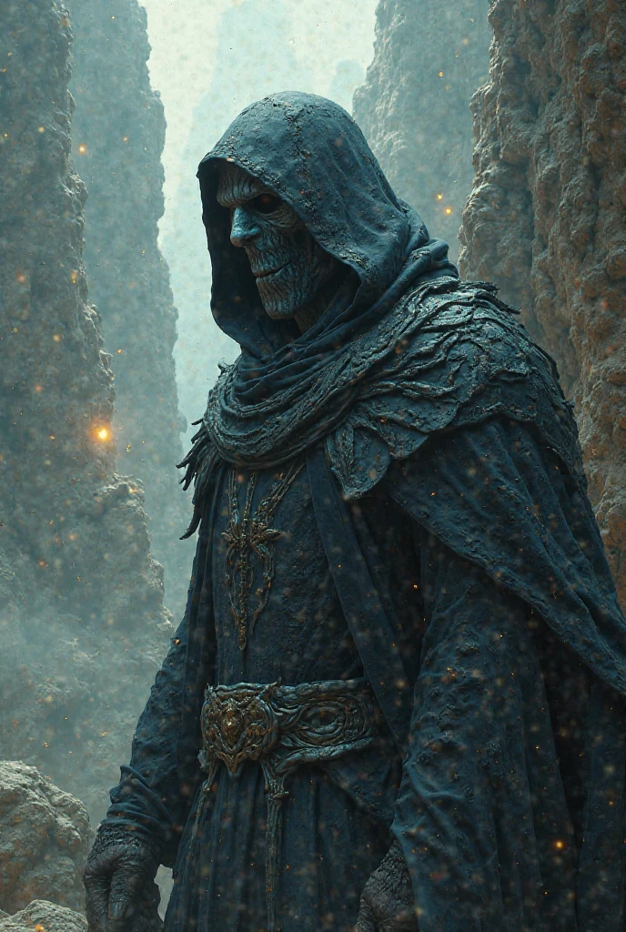 Person, Darth Nith from Star Wars, he has no nose in his face and only one eye, has black eyes, grey old skin Full of scars, he very thin and fragile, has a scary face full of scars, scary, wears a dirty black cape , has a dark red lightsaber with dark blue hilt, the background is a dark cave, ultra realistic