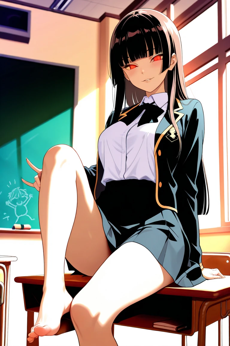 (masterpiece, best quality, ultra-detailed, best shadow), (detailed background), (beautifully detailed face), high contrast, ((cinematic light)), colorful, hyper detail, intricate details, Pixiv Anime Realism Trends, depth of field,
1girl, solo, (ara ara mature femdom look) opulent sexy shattered outfit, The expression is domineering and rampant and alluring, (perfect beautiful face), royalty presence, pink eyes, very long braid),
feet, perfect feet. bare legs soles, five toes,
towering over you, sitting on the high chair, classroom background